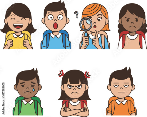 
A cartoon illustration of six children displaying various emotions: happy, surprised, curious, angry, sad, and bored