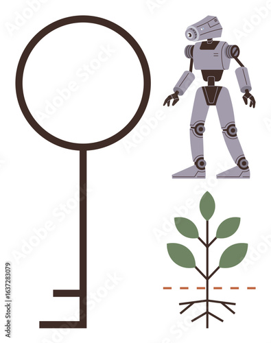 Minimalist key, robot, and plant symbolizing ideas of technology, sustainability, innovation, and growth. Ideal for themes thumbs up future, environment, science security progress new ideas