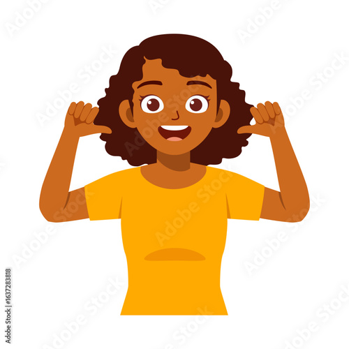 Happy African American woman in yellow shirt gesturing thumbs at self concept