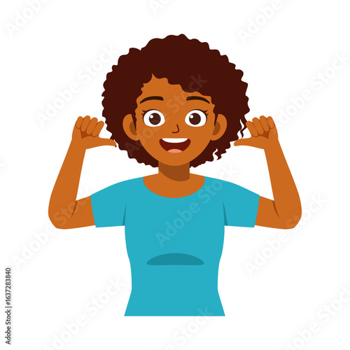 Tableau sur toile Smiling African American Girl Pointing to Herself in Blue Shirt Isolated on Whit