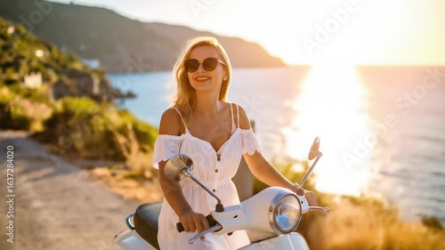 Woman riding scooter coastal sunset