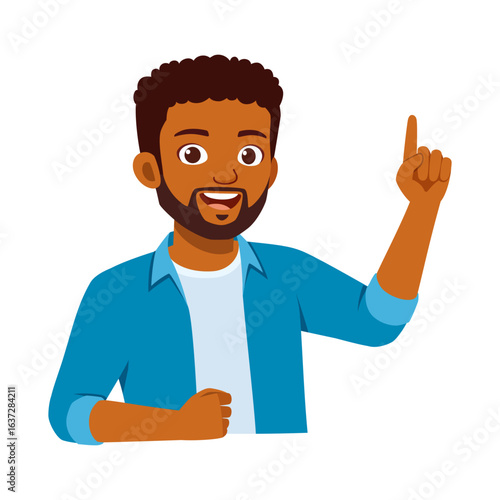 Cheerful African American Man Pointing Upward with a Smiling Face and a Positive Expression