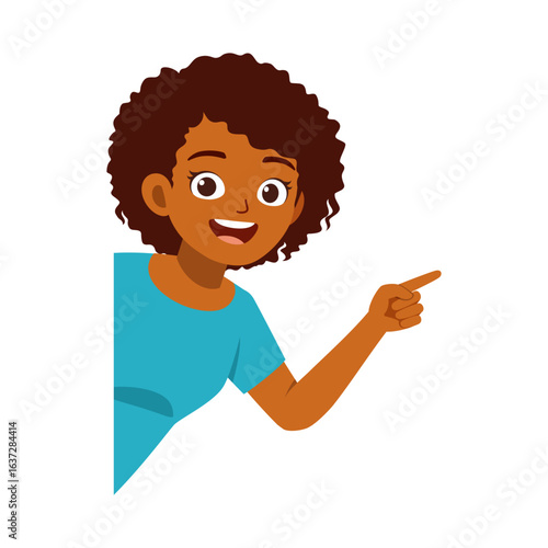 Smiling African American girl pointing to the right side with happy expression cartoon style