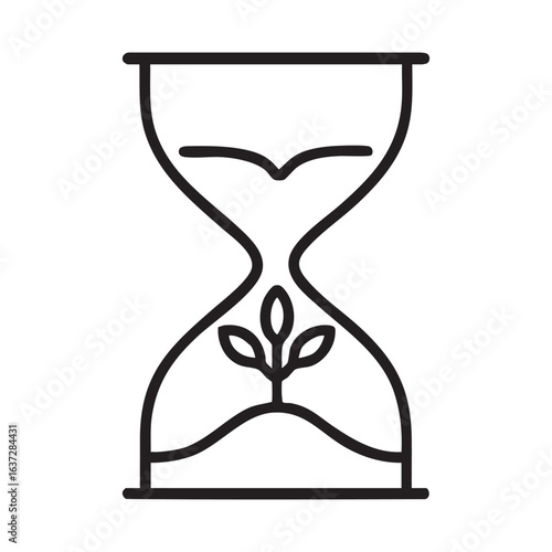 Growth Through Time: An Hourglass Icon with Plant Inside, Symbolizing Sustainable Development, Time Management, and the Natural Progression of Life in Line Art