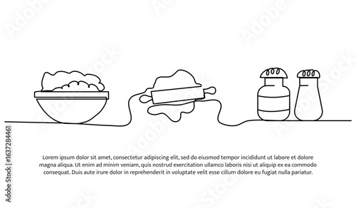 Continuous line design of dough making. Single line decorative element drawn on white.