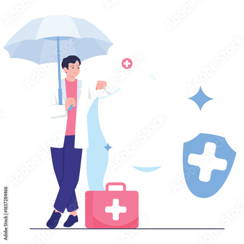 Dental Care Illustration. Vector illustration of A dentist holding an umbrella symbolizing protection and preventive dental care. Isolated on background