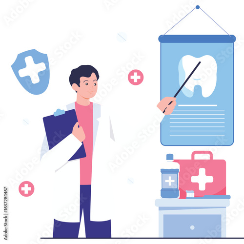 Dental Care Illustration. Vector illustration of A dentist presenting tooth anatomy and oral care tips to promote dental health awareness. Isolated on background