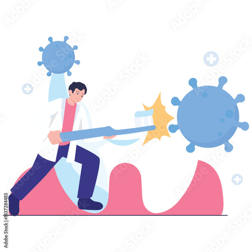 Dental Care Illustration. Vector illustration of A dentist battling harmful bacteria using a large toothbrush for oral health protection. Isolated on background