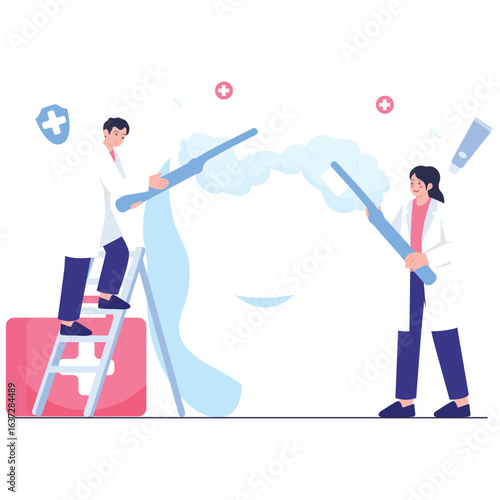 Dental Care Illustration. Vector illustration of Two dentists cleaning a giant tooth together for optimal oral hygiene. Isolated on background