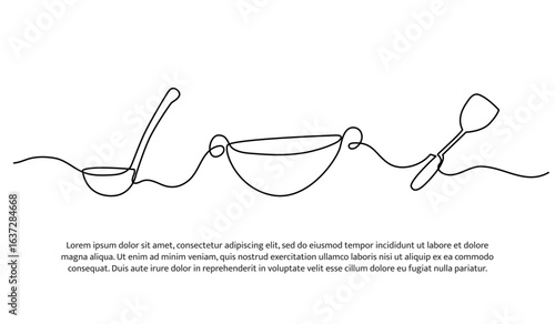 Continuous line design of kitchen ladle, frying pan and spatula. Single line decorative element drawn on white.
