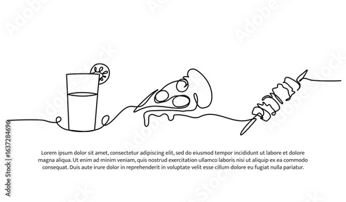 Continuous line design of food and drinks satay and pizza. Single line decorative element drawn on white.
