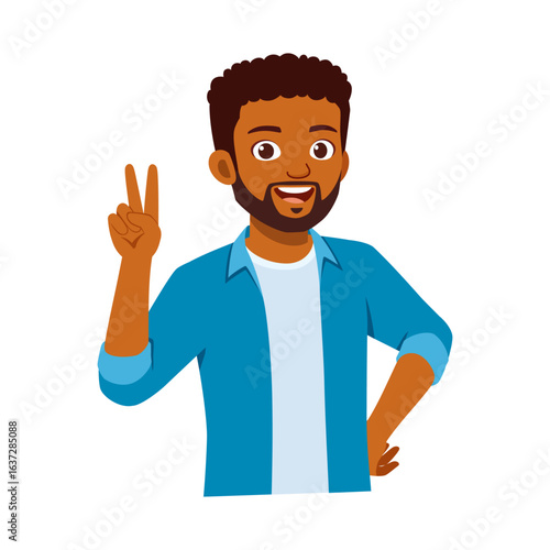 Happy African American Man Showing Peace Sign in Casual Blue Shirt with Cheerful Expression