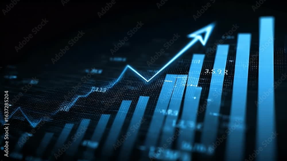 
A blue stock market graph with an arrow pointing upwards, indicating growth and progress in the financial industry.