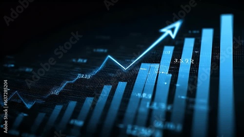 
A blue stock market graph with an arrow pointing upwards, indicating growth and progress in the financial industry.