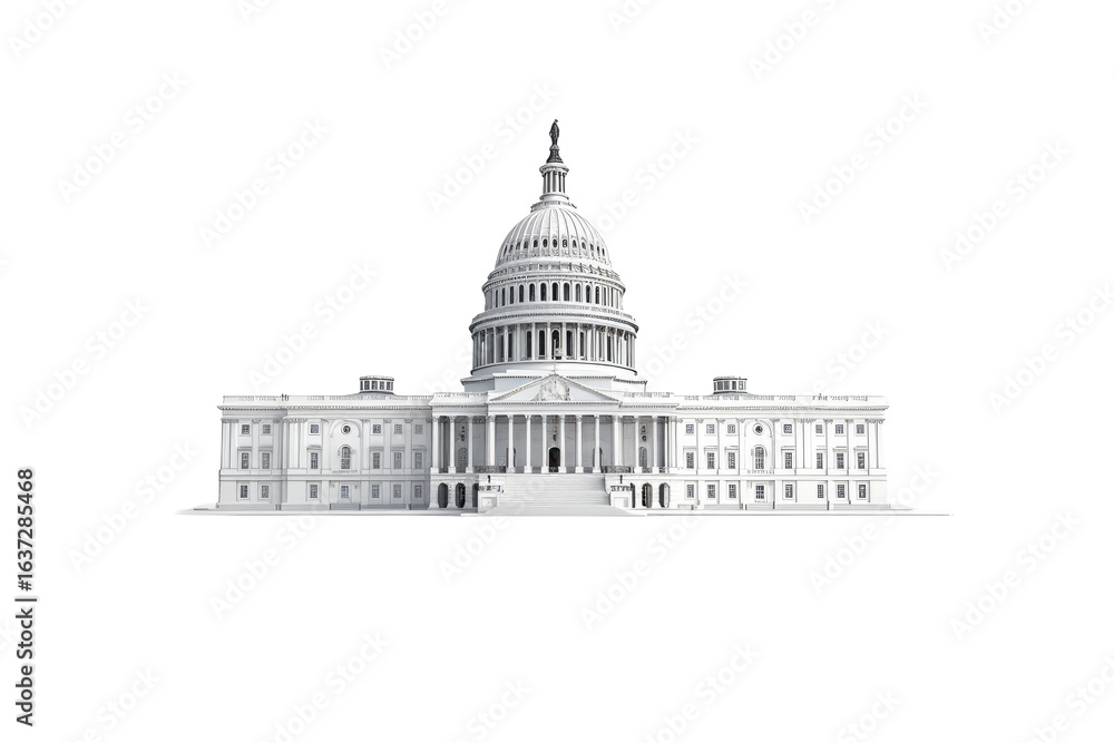 Fototapeta premium Full front view of a capitol building, white on black background. Classical style, dome, columns, steps