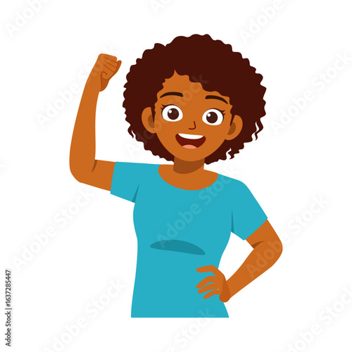 Confident African American Woman with Fist Raised Smiling Wearing a Blue T-Shirt