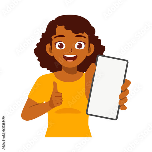 Happy African American Girl Holding Mobile Phone Showing Blank Screen and Giving Thumbs Up