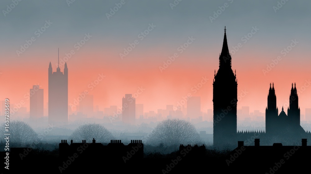 Fototapeta premium Silhouette cityscape with prominent clock tower and gothic spires against a hazy gradient sky