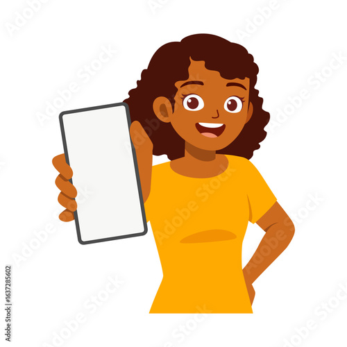 Smiling African American Woman Holding Up a Blank Smartphone Screen Displaying Content