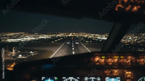 Night flight landing view from cockpit illuminated runway city lights dark