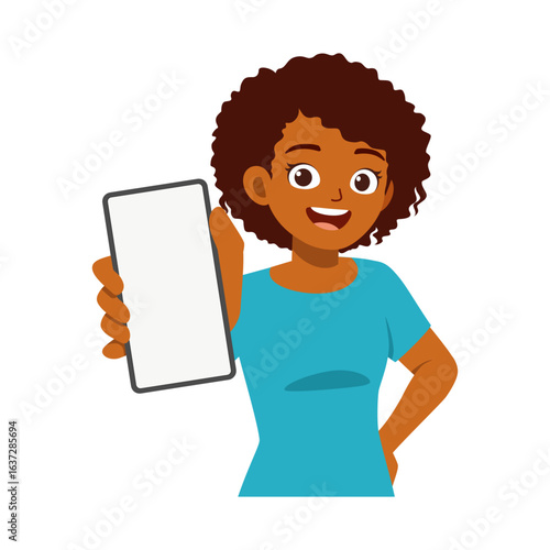 Happy African American Woman Holding Up Blank Smartphone Screen for Mockup in Illustration Style