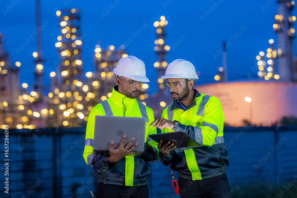Fototapeta premium Team refinery engineer worker oil refinery petrochemical industrial plant at night, Team refinery engineer collaboration maintenance oil refinery plant, Teamwork engineer working petrochemical plant.