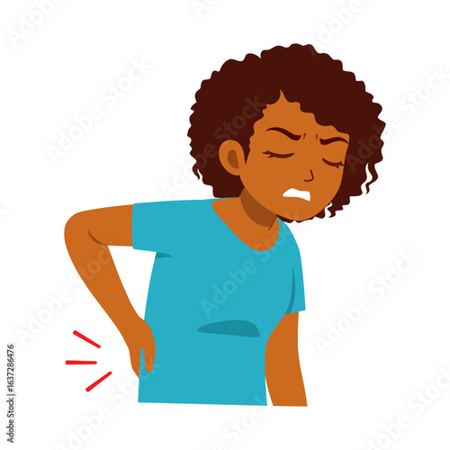 African American Woman Experiencing Back Pain, Discomfort, Lower Backache, and Muscle Strain Illustration