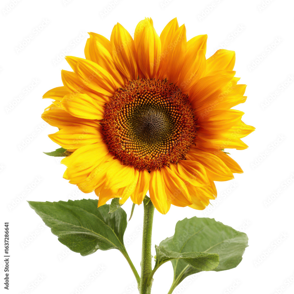 Obraz premium Vibrant yellow sunflower with green leaves against a dark background orange brown, Isolated On White, Png Transparent, Cut Out
