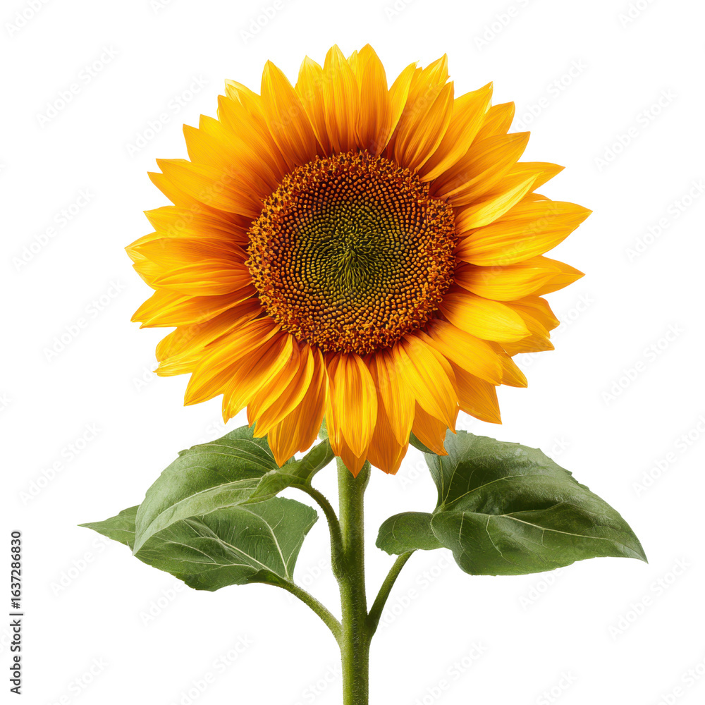 Obraz premium Vibrant yellow sunflower with green leaves on black background orange petals, Isolated On White, Png Transparent, Cut Out