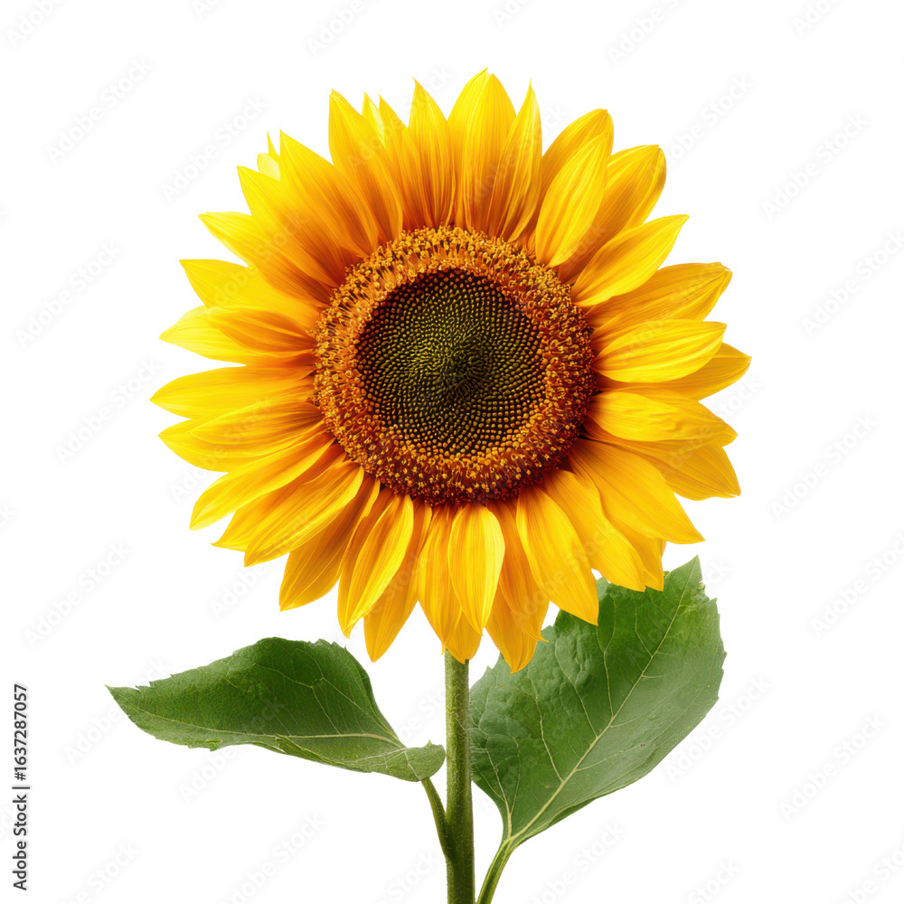 Obraz premium Vibrant yellow sunflower with green leaves against a stark black background petals center, Isolated On White, Png Transparent, Cut Out