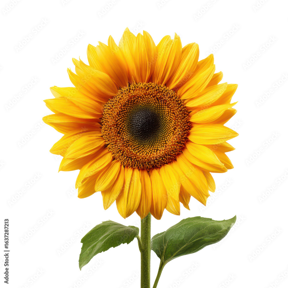 Fototapeta premium Vibrant yellow sunflower with dark center and green leaves against black background petals, Isolated On White, Png Transparent, Cut Out