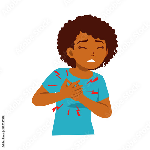 African American woman experiencing chest pain, holding her chest with a painful expression