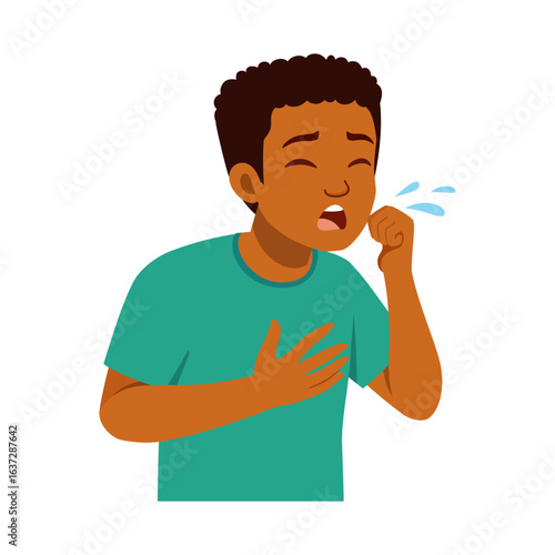 Sick African American boy coughing and covering his mouth with his hand. Vector illustration