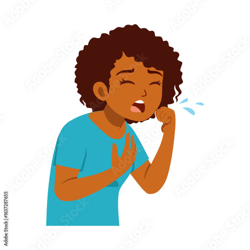 African American woman coughing while holding her chest with discomfort illustration