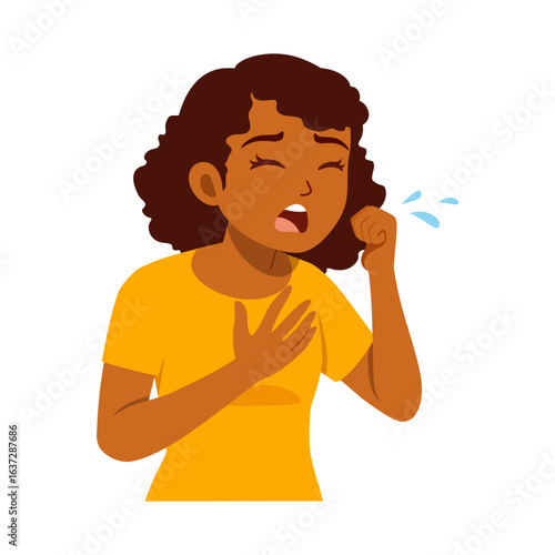 African American woman coughing while holding her chest with open mouth