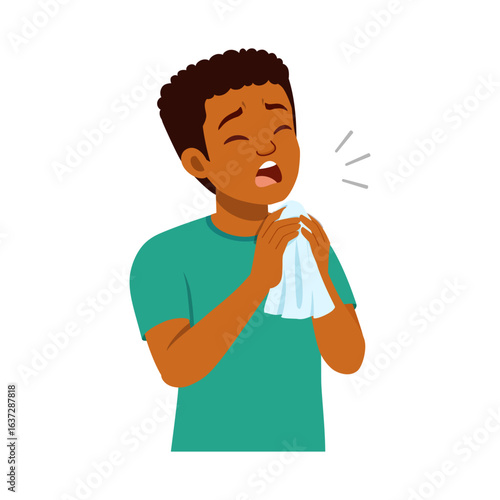 African American Boy Coughing and Covering Mouth with Tissue, Showing Sickness, Cold, Flu