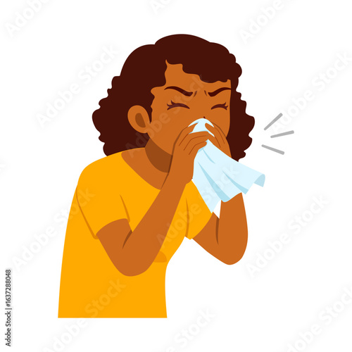 African American woman is blowing her nose with a tissue looking sick in cartoon style