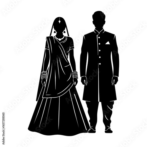 North Indian Hindu Wedding Couple Vector - Lehenga Sherwani Traditional Bridal Logo
