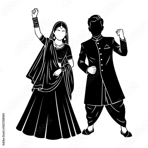 North Indian Hindu Wedding Couple Vector - Lehenga Sherwani Traditional Bridal Logo