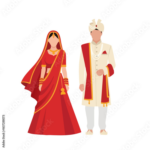 North Indian Hindu Wedding Couple Vector - Lehenga Sherwani Traditional Bridal Logo