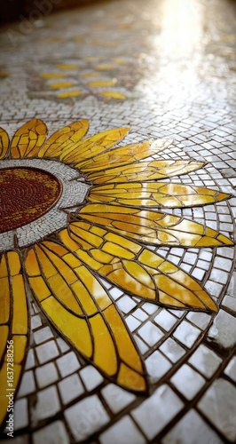 Close-up mosaic floor design of sunflowers