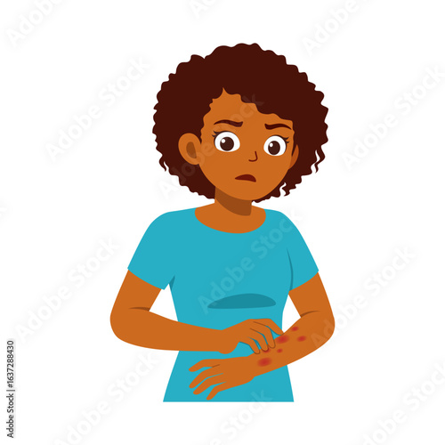 African woman scratching her arm with rash and looking anxious in cartoon style illustration