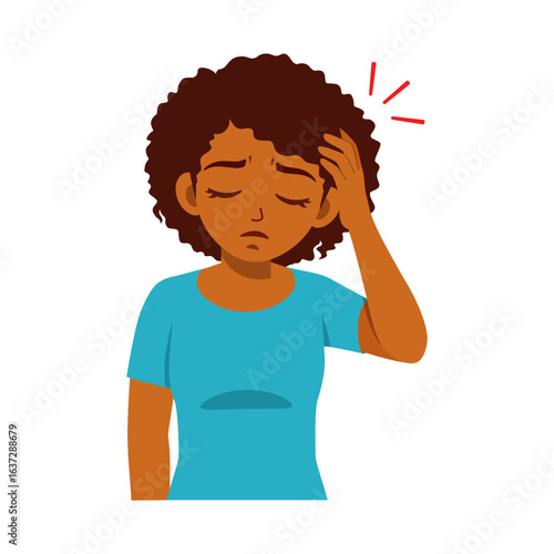 African American Woman with Headache Holding Head and Closing Eyes in Discomfort Illustration