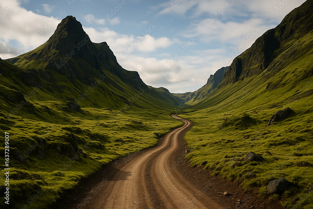 Naklejka premium Winding Dirt Road Through Lush Green Valley Mountains