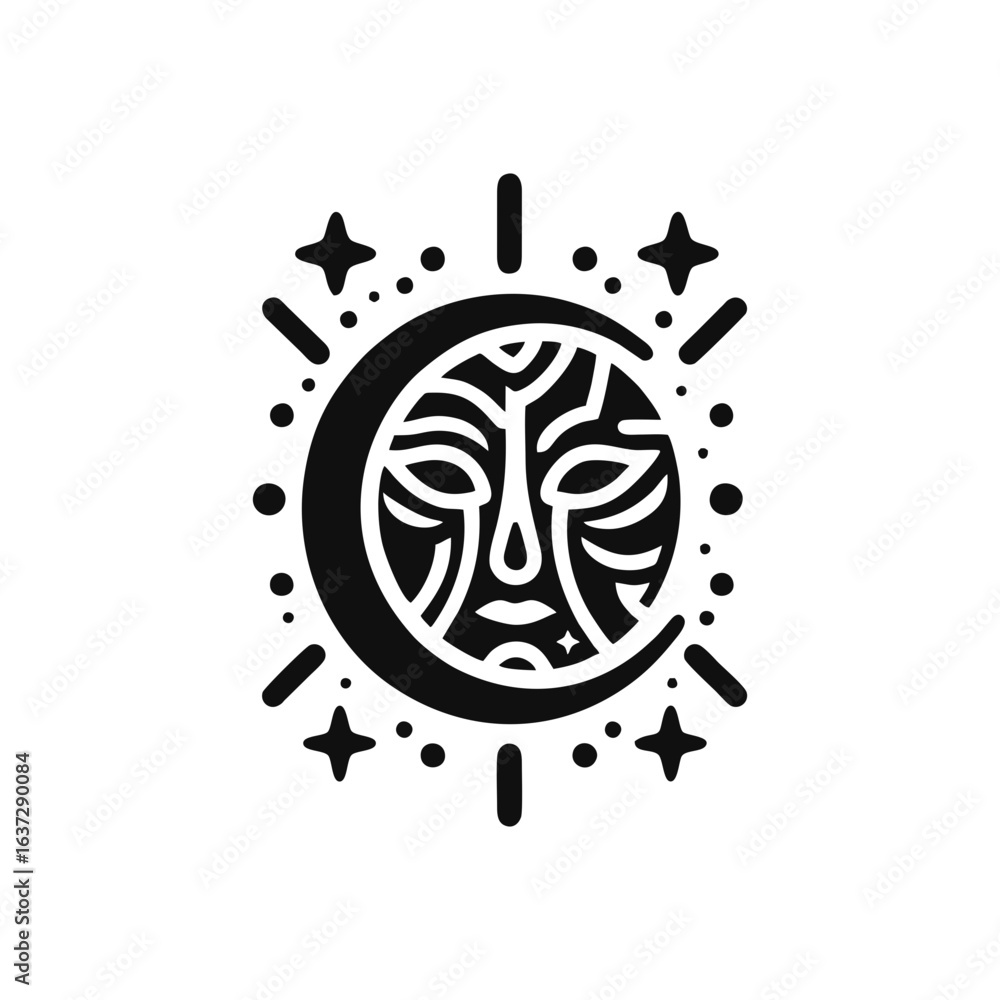 Obraz premium Tribal masks representing night, crescent moon and stars are integrated
