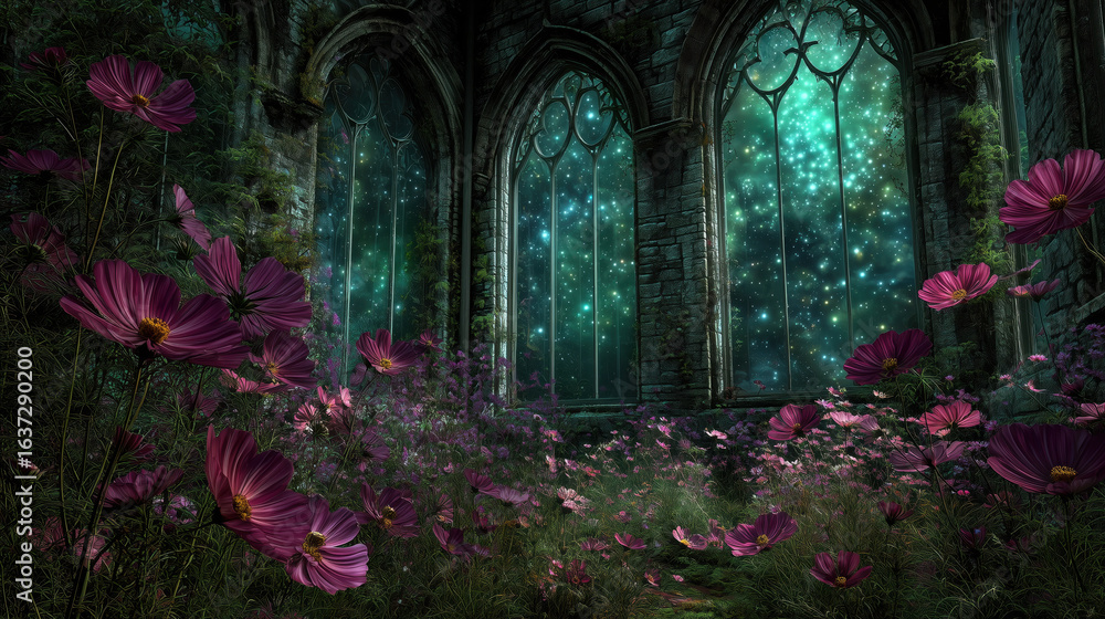 Fototapeta premium Vivid wildflowers in magenta bloom inside mystical stone structure with glowing windows