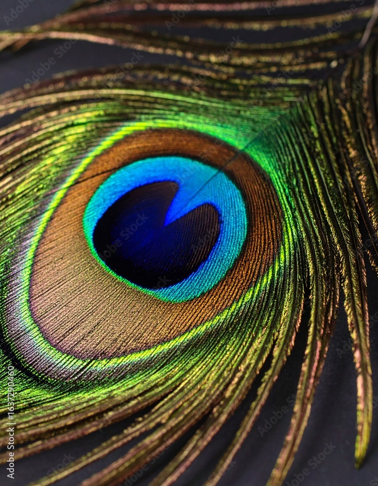 Naklejka premium 黒い背景に、孔雀の羽を一本だけマクロ撮影したクローズアップ