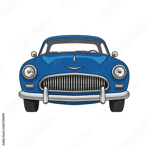 A vibrant blue vintage car, depicted in a clean, cartoon style illustration, stands out against a stark white backdrop, evoking nostalgia and classic design.