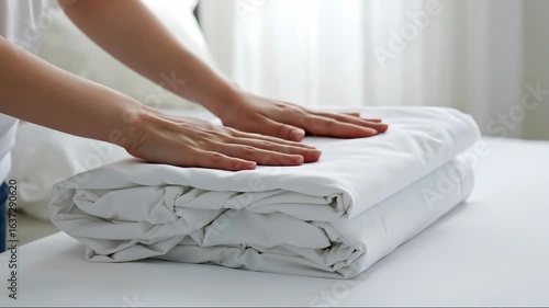 Woman hands folding white clothes laundry basket home organization. Domestic housework clothing care concept. Laundry services cleaning organization home care banner