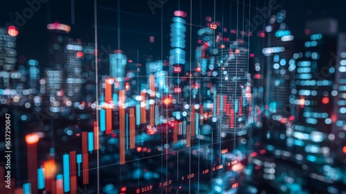 Growing candlestick charts with business statistics on night city background. Trade and investment concept. Multiexposure